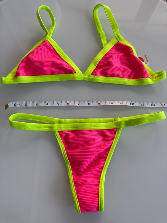None Other - Neon Pink & Lime Trim Triangle Bikini Set - Women's Swim